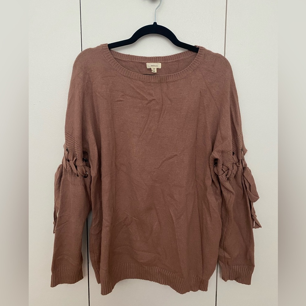 Debut - Taupe Oversized Knit Sweater With Arm Tie Details